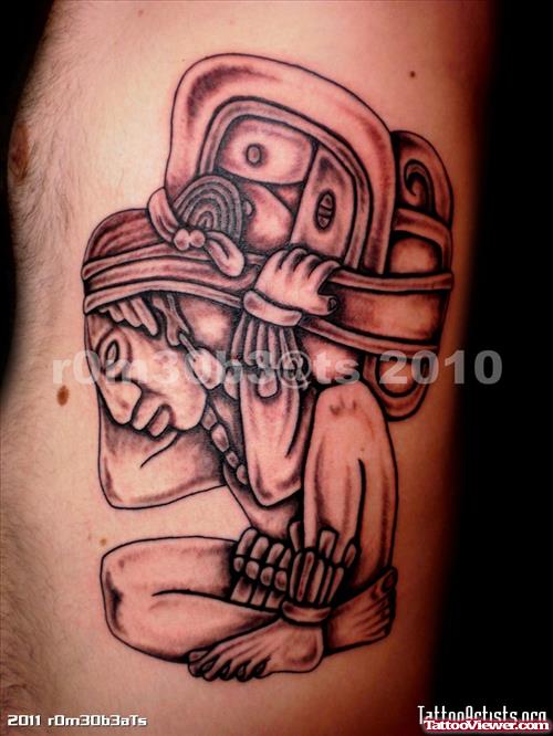 Grey Ink Aztec Tattoo On Rib Side