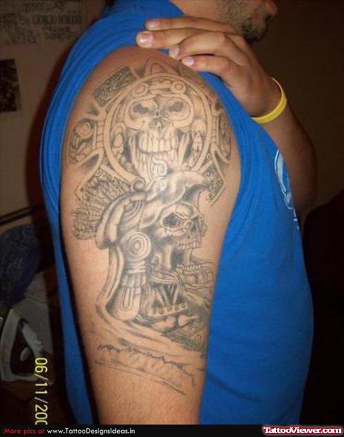 Grey Ink Aztec Skull Tattoo On Right Half Sleeve