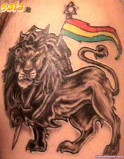 Aztec Lion With Flag Tattoo