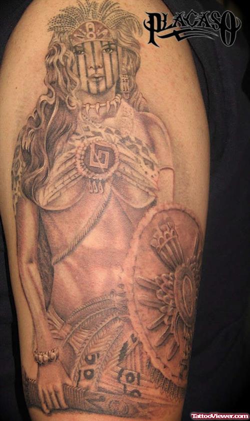Warrior Aztec Girl Tattoo On Half Sleeve