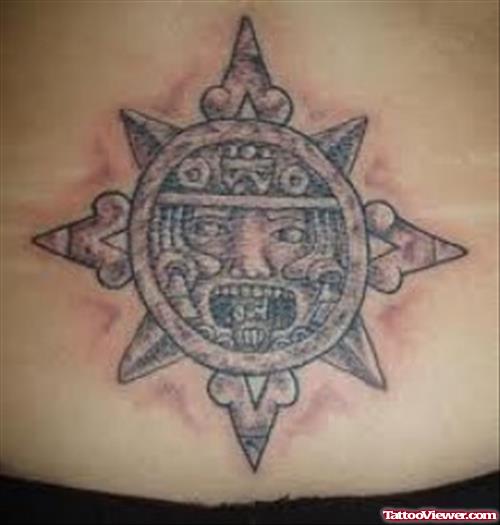 Grey Ink Aztec Tattoo On Lowerback