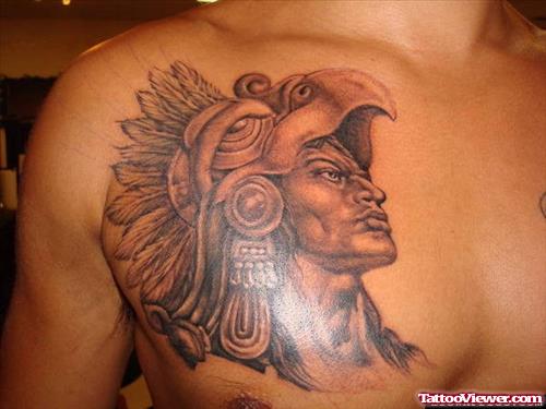 Grey Ink Aztec Man Chest Tattoo