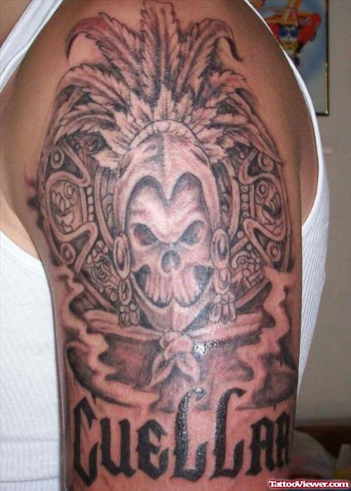 Aztec Skull Tattoo On Man Left Half Sleeve