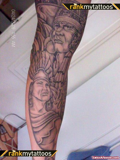 Sleeve Grey Ink Aztec Tattoo