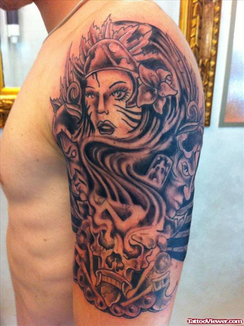 Latest Left Half Sleeve Aztec Tattoo