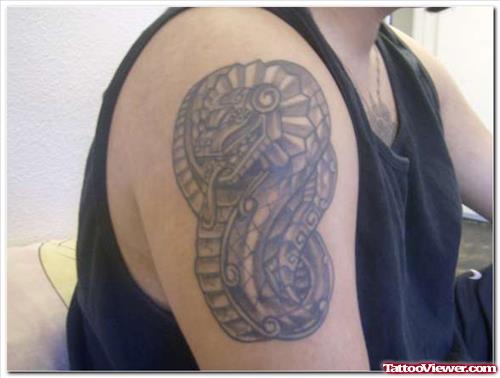 Grey Ink Aztec Snake Tattoo On Right Shoulder