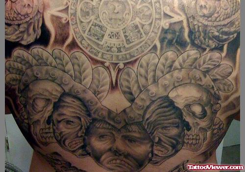 Grey Ink Aztec Back Body Tattoo