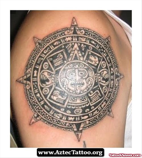 Beautiful Aztec Sun Tattoo On Shoulder