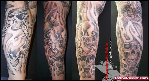 Aztec Skulls Grey Ink Tattoo
