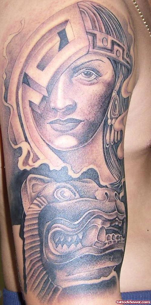 Aztec Grey Ink Tattoo On Half Sleeve