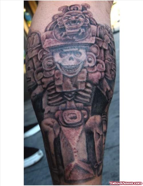 Attractive Grey Ink Aztec Tattoo On Leg