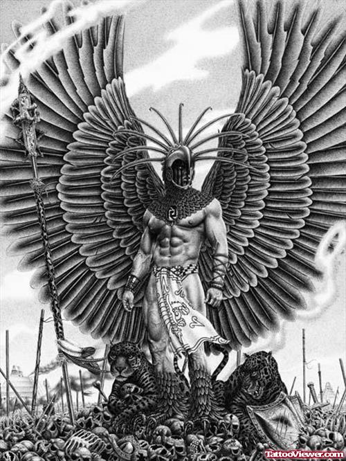 Cool Grey Ink Aztec Warrior Tattoo Design