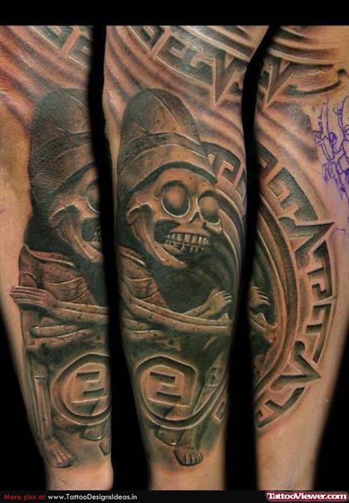 Awesome Grey Ink Aztec Tattoo On Sleeve