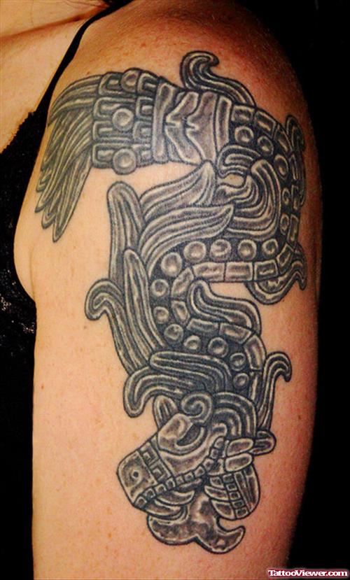 Cool Dark Ink Aztec Tattoo On Half Sleeve