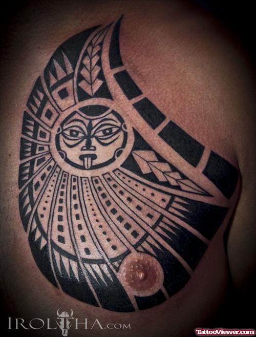 Black Ink Maori Aztec Tattoo On Chest