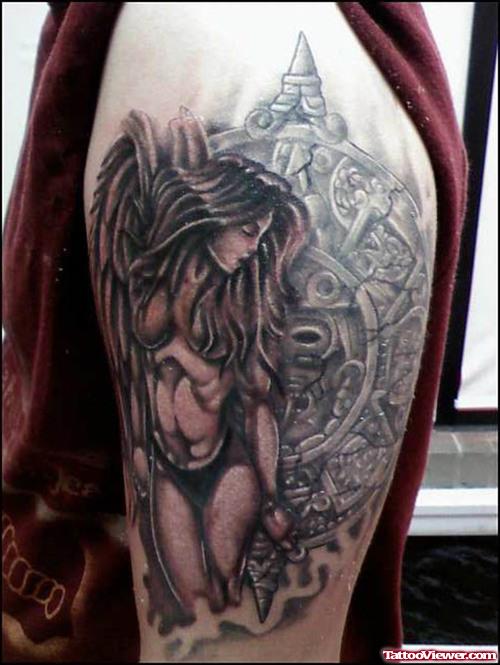 Aztec Sun And Princess Tattoo On Half Sleeve