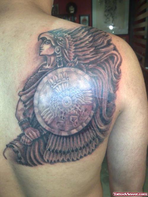 Cute Aztec Tattoo On Right Back Shoulder