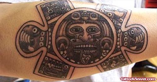 Crazy Aztec Tattoo On Right Sleeve
