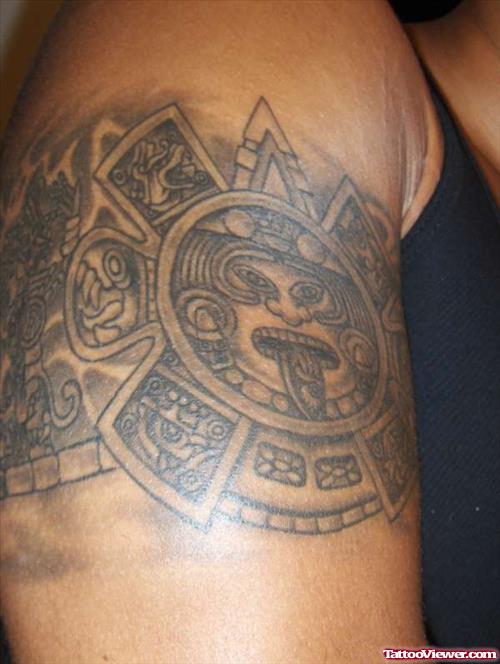 Beautiful Grey Ink Aztec Bicep Tattoo