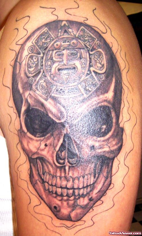 Aztec Skull Tattoo On Left Shoulder