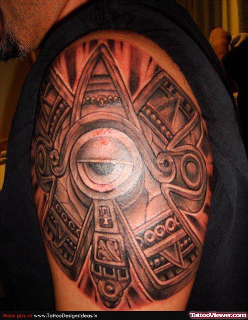 Cool Grey Ink Aztec Tattoo On Left Shoulder