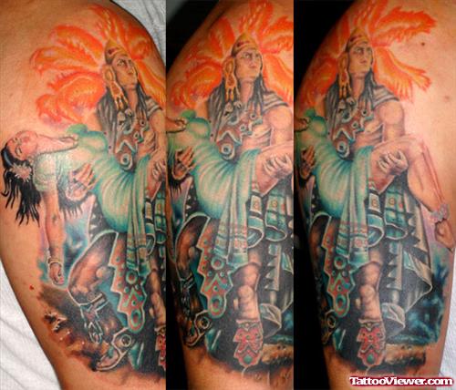 Colored Aztec Tattoo On Half Sleeve
