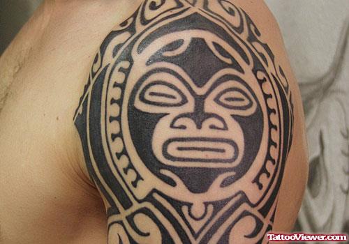 Aztec Tribal Black Ink Tattoo On Left Shoulder
