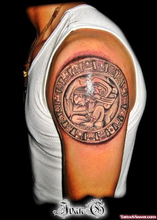 Aztec Tattoo On Man Left Shoulder