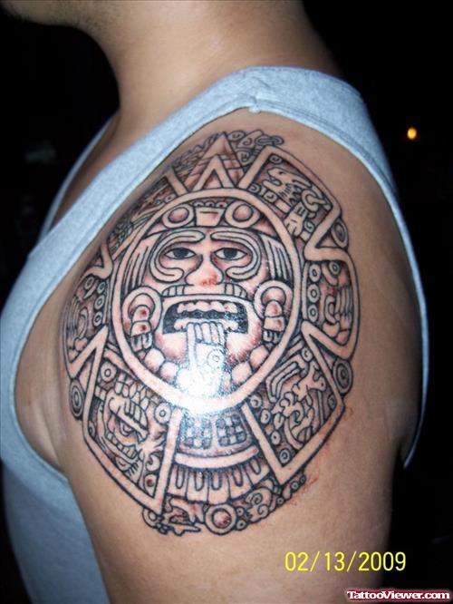 Aztec Sun Tattoo On Man Left Shoulder