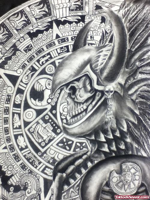 Aztec Sun And Warrior Tattoo Design