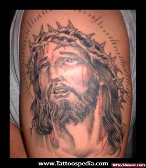 Aztec Jesus Face Tattoo On Half Sleeve