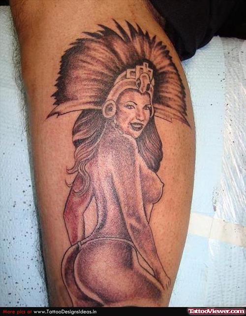 Aztec Grey Ink Leg Tattoo