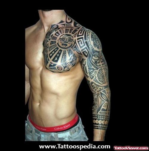 Chest And Sleeve Aztec Tattoo