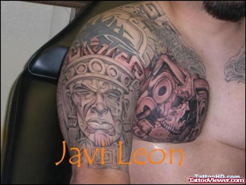 Best Grey Ink Aztec Tattoo On Man Right Shoulder