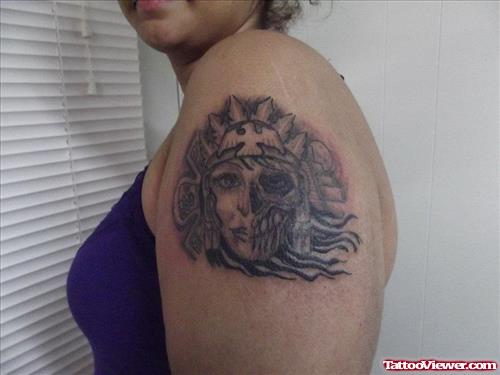 Aztec Zombie Head Tattoo On Left Shoulder