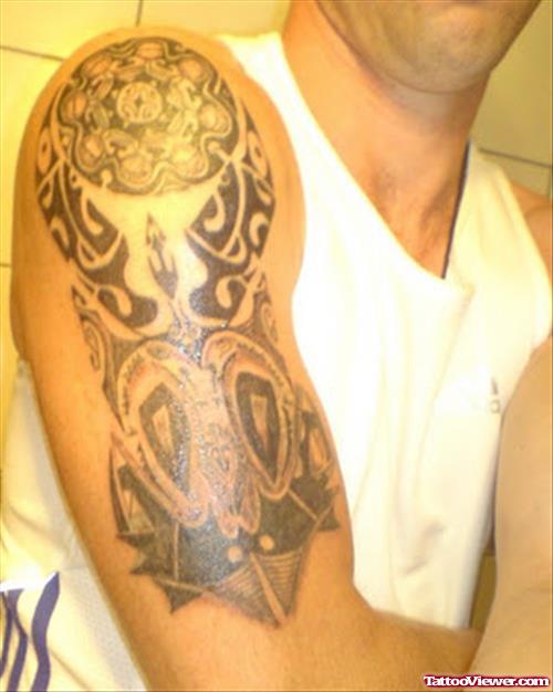 Aztec Tattoo On Guy Right Half Sleeve