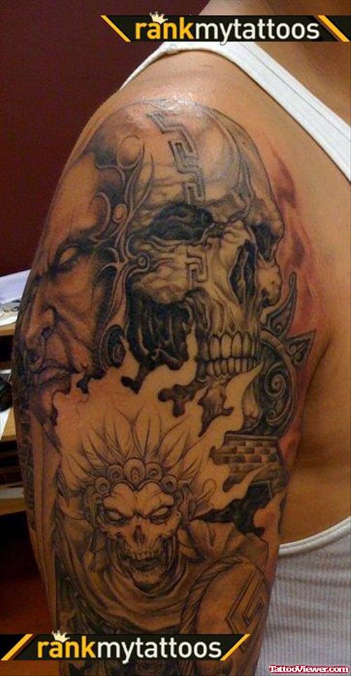 Aztec Skull Tattoos On Half Sleeve