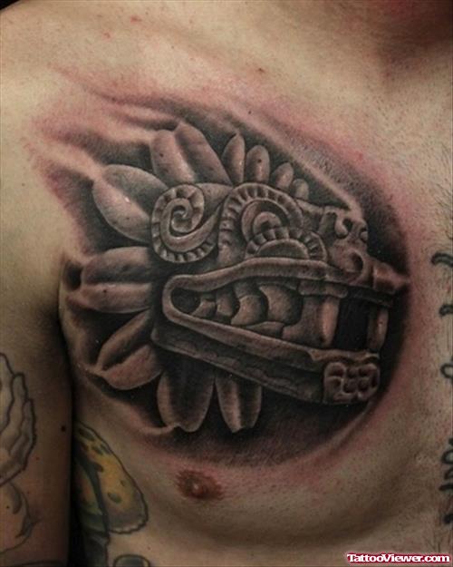 Aztec Grey Ink Tattoo On Man Chest