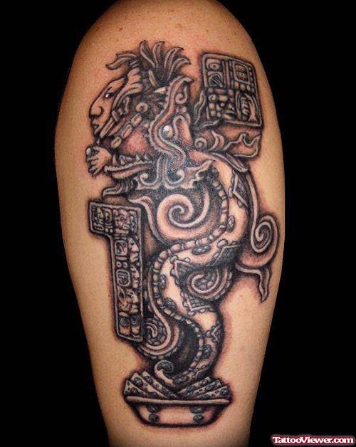 Awesome Grey Ink Aztec Tattoo On Half Sleeve