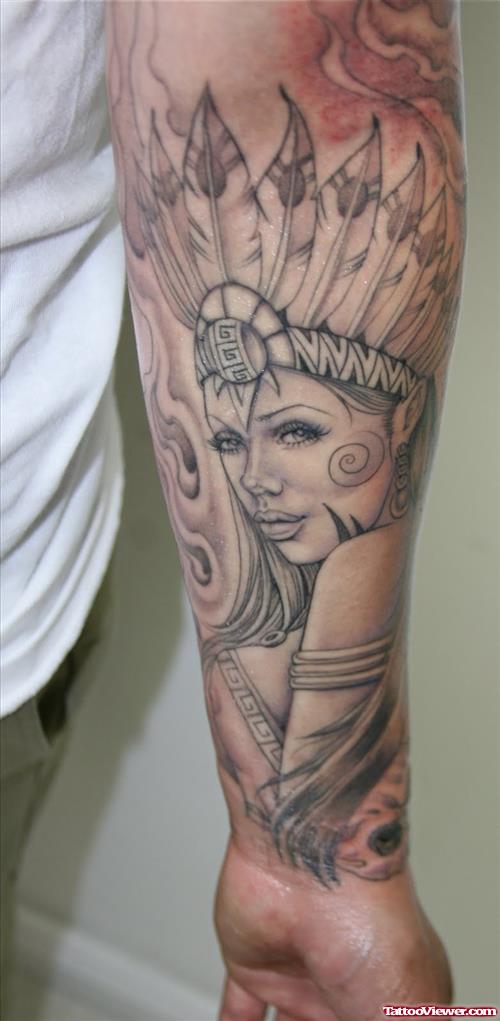 Awesome Aztec Girl Tattoo On Left Sleeve