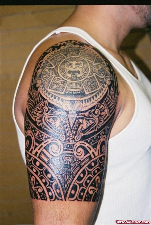 Aztec Tattoo On Man Right Half Sleeve