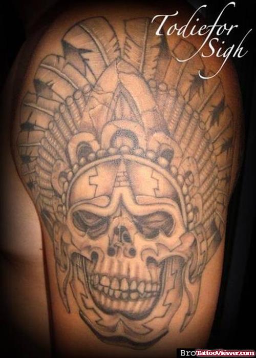 Awesome Aztec Skull Tattoo On Left Shoulder