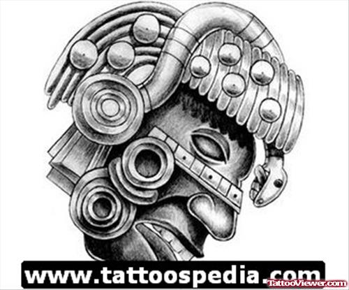 Amazing Grey Ink Aztec Face Tattoo Design