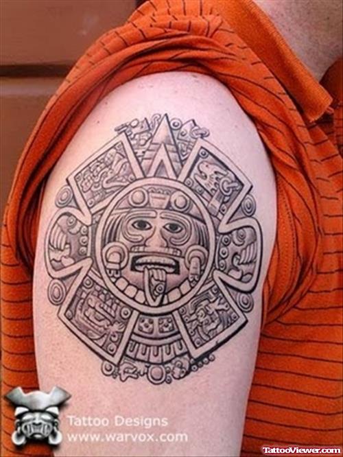 Aztec Grey Ink Tattoo On Right Shoulder
