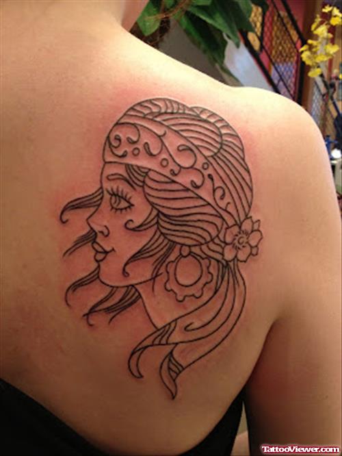 Aztec Girl Head Tattoo On Right Back Shoulder