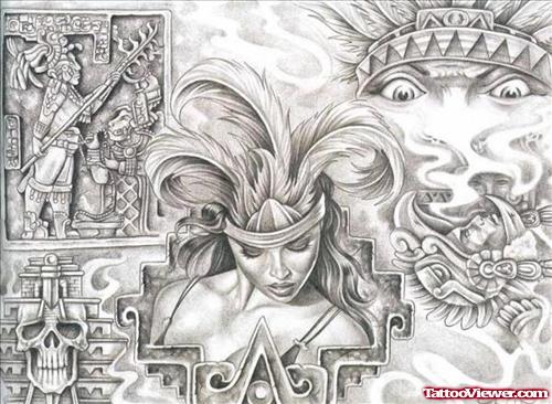 Aztec Girl Head Tattoo Design