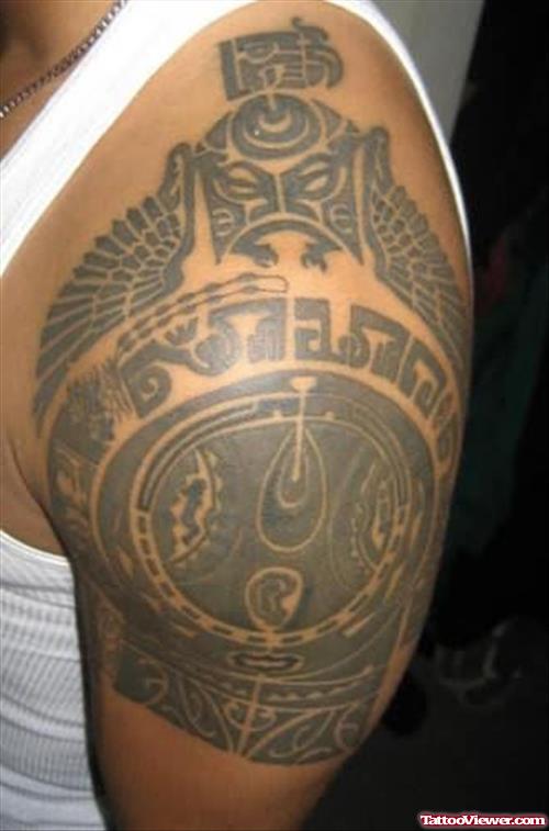 Grey Aztec Tattoo On Biceps