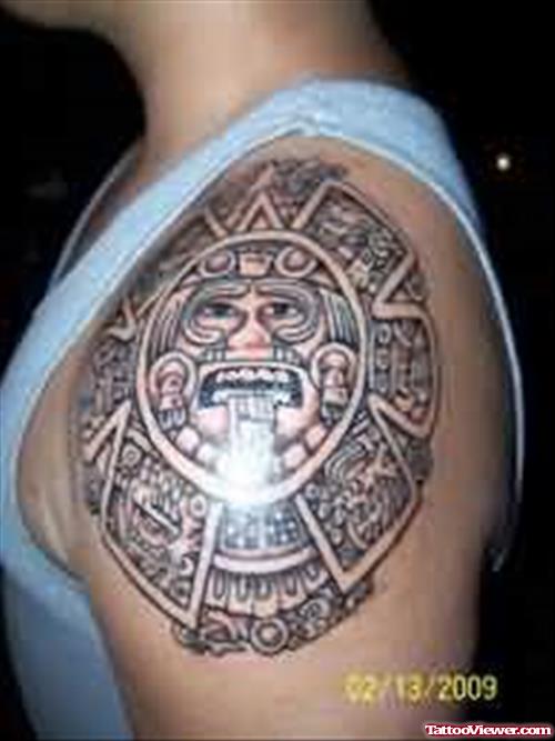 Sun Aztec Tattoo On Shoulder