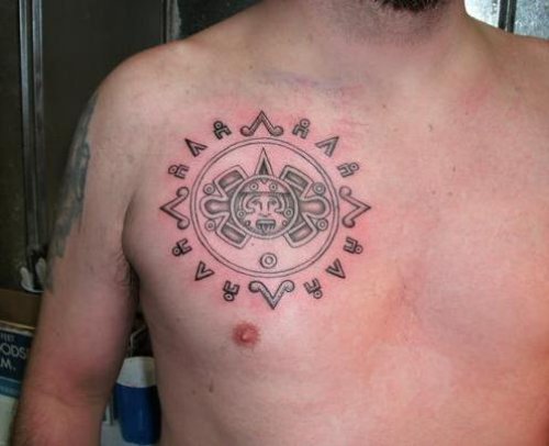 Latest Aztec Tattoo On Man Chest