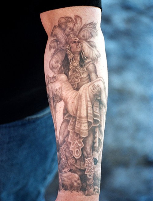 Grey Ink Aztec Warrior Tattoo On Sleeve